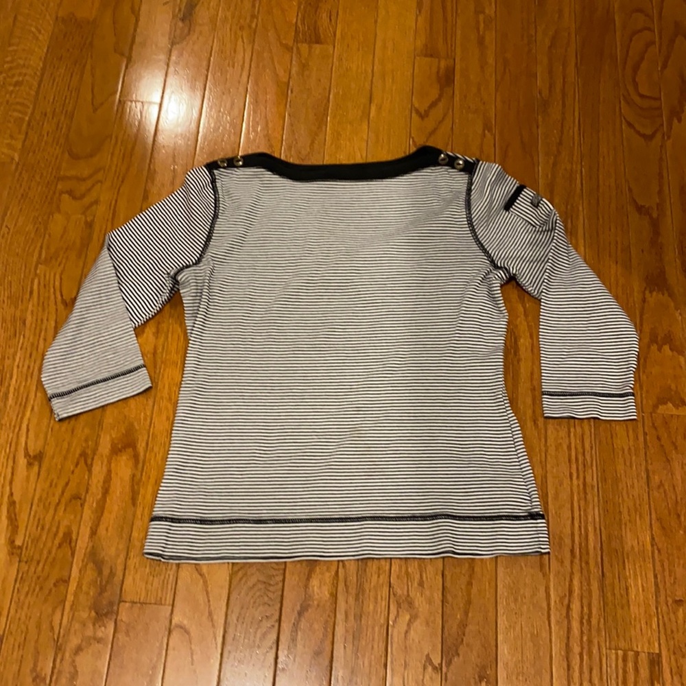 Lauren Ralph Lauren navy stripe top with 3/4 sleeves, bateau neckline.